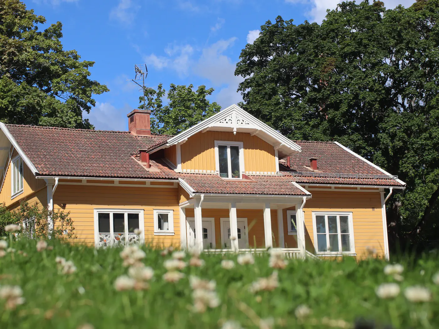 Gul trävilla med vita knutar och rött tegeltak bakom en blommande gräsmatta en solig sommardag
